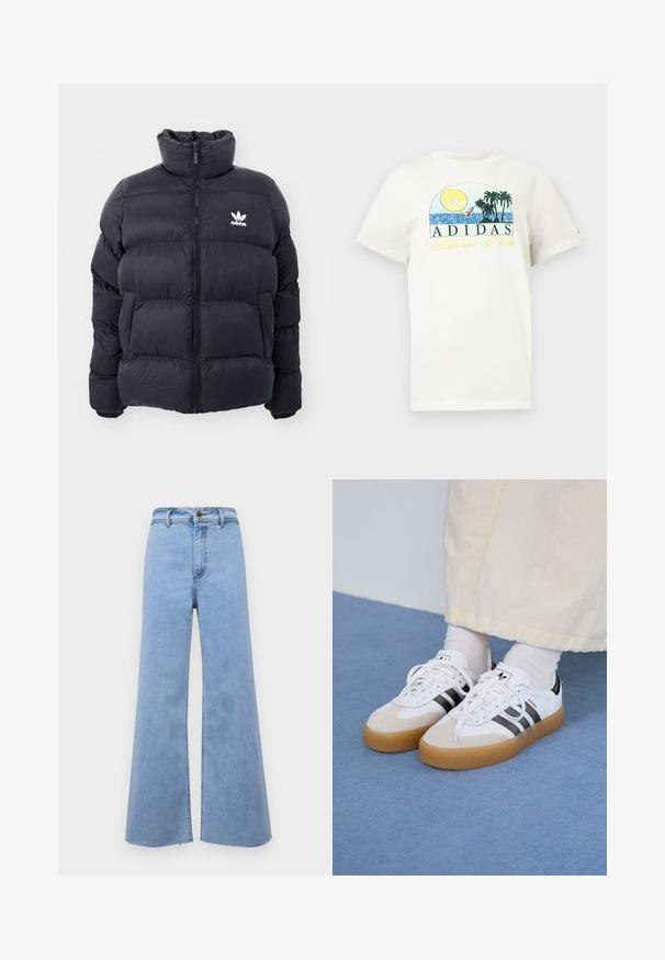 Giacca puffer blu navy con colletto alto, chiusura con zip e logo Adidas bianco sul petto. Presenta pannelli cuciti e una texture liscia e lucida.; T-shirt di cotone bianco con un design grafico raffigurante un sole, palme e acqua. "ADIDAS Sports Club" stampato in verde e giallo.; Jeans in denim blu chiaro a gamba larga con vita alta, orlo sfilacciato e chiusura frontale con bottone. Presentano una texture liscia e linee pulite.; Sneakers bianche con strisce nere e accenti in suede beige. Presentano una suola in gomma texturizzata e lacci bianchi piatti, indossate con calzini di colore chiaro.