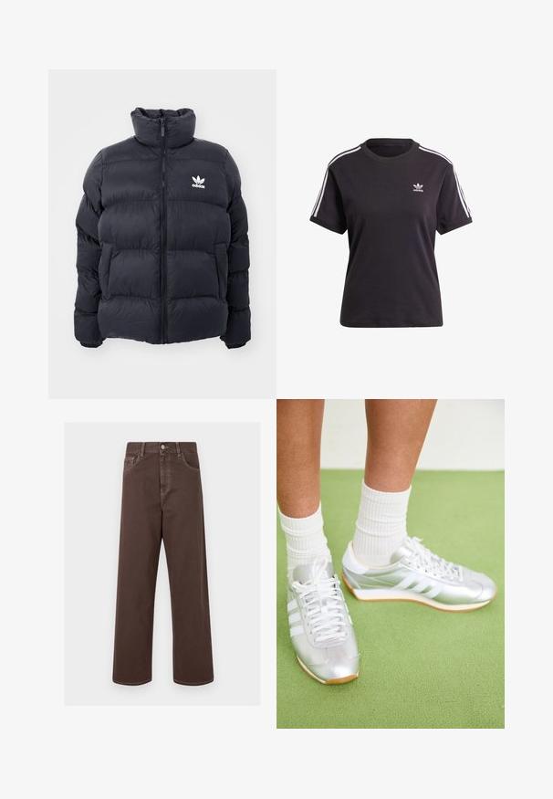 Casaco puffer azul marinho com gola alta, fecho de zip e logotipo branco da Adidas no peito. Apresenta painéis cosidos e uma textura suave e brilhante.; T-shirt preto de algodão de mangas curtas com gola redonda, apresentando riscas brancas nos ombros e um pequeno logotipo branco da Adidas no peito.; Calças de denim largas de cor castanha com costura em contraste, cinco bolsos e fecho de botão metálico. Tecido suave, corte reto.; Tênis de desporto prateados com atacadores brancos, três riscas brancas e sola de borracha. Usados com meias brancas caneladas sobre uma superfície verde.
