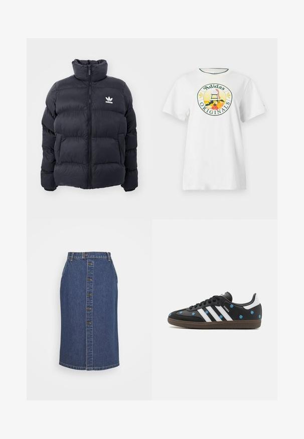 Jachetă puffer bleumarin cu guler înalt, închidere cu fermoar și logo Adidas alb pe piept. Se remarcă prin panouri cusute și o textură netedă, lucioasă.; Tricou alb din bumbac, cu mâneci scurte, având un logo grafic rotund în verde și galben, care afișează "Adidas Originals" și desene cu fructe.; Fustă creion din denim de culoare albastru închis, având un sistem de închidere cu buton la față, detalii de cusătură verticale și o margine clasică.; Sneaker din piele neagră cu dungi albe și broderie florală în albastru. Are o talpă din cauciuc maro și un design cu vârful rotunjit.