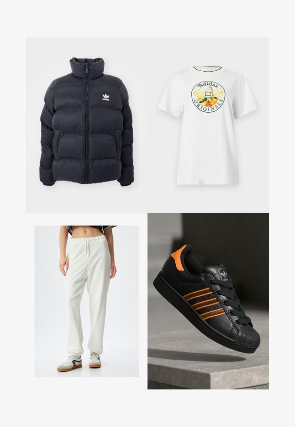 Giacca puffer blu navy con colletto alto, chiusura con zip e logo Adidas bianco sul petto. Presenta pannelli cuciti e una texture liscia e lucida.; T-shirt bianca in cotone a maniche corte, con un logo grafico rotondo in verde e giallo, che mostra "Adidas Originals" e disegni di frutta.; Pantaloni della tuta bianchi, larghi e comodi, con vita elastica e polsini alle caviglie, realizzati in un tessuto morbido. Abbinati a sneakers bianche e grigie.; Sneaker nera con accenti arancioni, tre strisce orizzontali, parte superiore in pelle texture, punta in gomma e lacci neri.