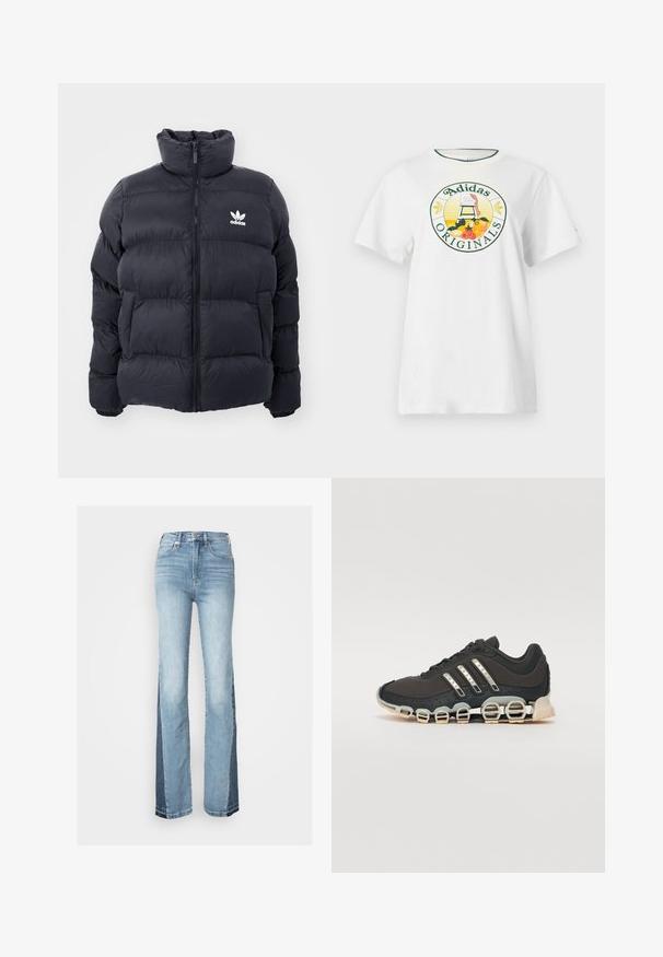 Mornarska puhovka z visokim ovratnikom, zadrgo in belim logotipom Adidas na prsih. Ima šivane panele in gladko, sijočo teksturo.; Bela bomba majica s kratkimi rokavi, ki ima okroglo grafično oznako v zeleni in rumeni barvi, na kateri je napis "Adidas Originals" in vzorci sadja.; Svetlo modri razširjeni džinsi z razcepkami, opremljeni z temnejšo modro stransko ploščo. Narejeni so iz jeans materiala, s petimi žepi in z zadrgo.; Črne športne čevlje z teksturiranim zgornjim delom, tremi srebrnimi črtami in značilno blažilno podplatom, ki vključuje več integriranih delov.