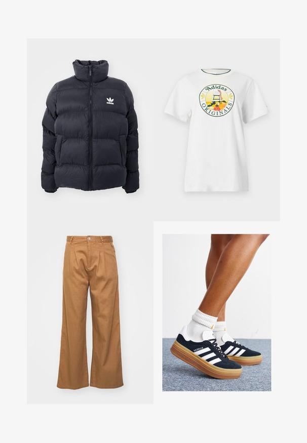 Tengerész kék puffertöltött dzseki magas gallérral, cipzáros záródással és fehér Adidas logóval a mellkasán. Jellemzője a tűzött panelek és a sima, fényes textúra.; Fehér pamut póló rövid ujjakkal, kerek grafikus logóval zöld és sárga színben, amelyen az "Adidas Originals" felirat és gyümölcs minták láthatók.; Világosbarna, bő szárú nadrág texturált anyagból, elülső redőkkel és egy gombos záródással a deréknál.; Fekete velúr sportcipő fehér csíkokkal és díszítésekkel, lekerekített orral, gumitalpú külső résszel, fehér bordázott bokazoknival párosítva.