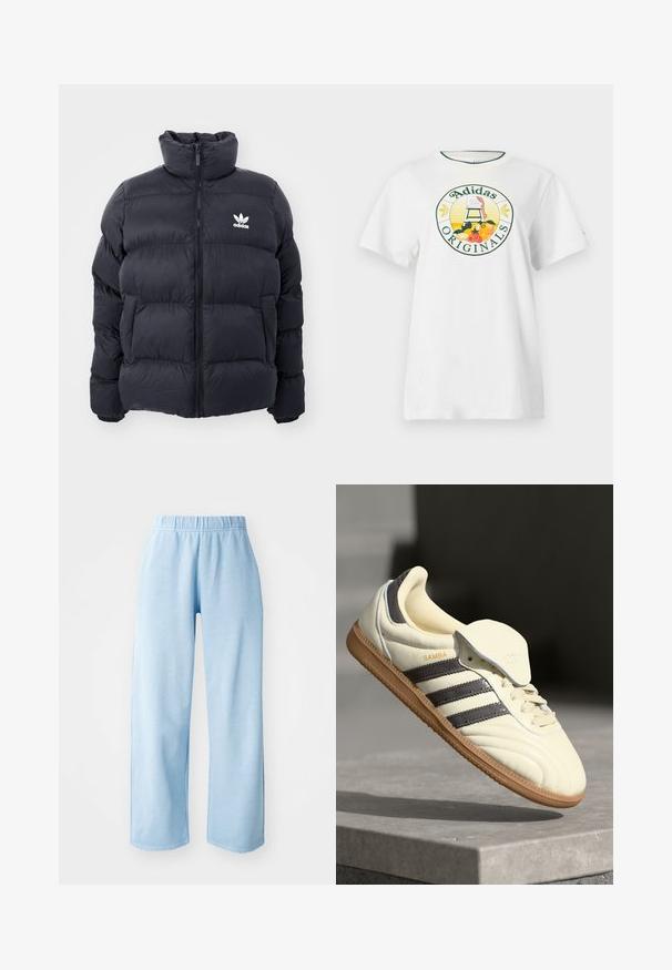 Marineblauwe pufferjack met hoge kraag, ritssluiting en wit Adidas-logo op de borst. Beschikt over gestikte panelen en een gladde, glanzende textuur.; Witte katoenen T-shirt met korte mouwen, met een ronde grafische logo in groen en geel, waarop "Adidas Originals" en fruitontwerpen zijn afgebeeld.; Lichtblauwe, wijde broek met elastische tailleband. Gemaakt van zachte stof, met een gladde textuur en zonder zichtbare patronen of accenten.; Crème leren sneaker met drie donkere strepen, een bruine gumrubberen zool en een ronde neus. Voorzien van een opvouwbare tong met het label "SAMBA."
