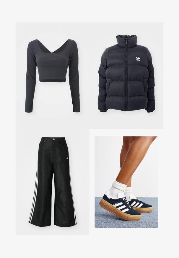 Giacca puffer blu navy con colletto alto, chiusura con zip e logo Adidas bianco sul petto. Presenta pannelli cuciti e una texture liscia e lucida.; Top cropped a maniche lunghe in maglia a coste grigia scura. Presenta una scollatura a V profonda e un colore uniforme con un piccolo logo sull'orlo.; Pantaloni in denim neri a gamba larga con tre strisce bianche su ciascun lato e un piccolo logo bianco. Presentano tasche frontali e chiusura con bottone.; Sneakers in pelle scamosciata nera con strisce e dettagli bianchi, punta arrotondata, suola in gomma color gomme, abbinate a calzini bianchi a coste alla caviglia.