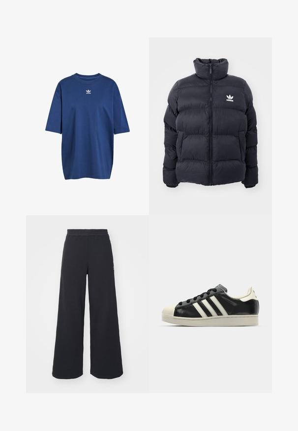 Casaco puffer azul marinho com gola alta, fecho de zip e logotipo branco da Adidas no peito. Apresenta painéis cosidos e uma textura suave e brilhante.; T-shirt de algodão azul com mangas curtas, decote redondo e um logotipo branco da Adidas no peito. Design simples e com um corte relaxado.; Calças de fato largas, pretas, feitas de tecido macio, com uma cintura elástica e um pequeno logótipo do lado esquerdo.; Sapatilha de couro preto com riscas brancas, biqueira de borracha, atacadores pretos e sola na cor creme. Textura suave com acabamento brilhante.
