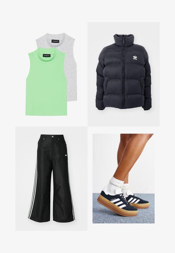 Navy puffer jacket with high collar, zip closure, and white Adidas logo on the chest. Features stitched panels and a smooth, shiny texture.; Two sleeveless turtlenecks: one in light green ribbed fabric and one in gray, featuring a straight cut and a soft, smooth texture.; Black wide-leg denim pants with three white stripe accents on each side and a small white logo. Features front pockets and a button closure.; Black suede sneakers with white stripes and accents, rounded toe, gum rubber outsole, paired with white ribbed crew socks.
