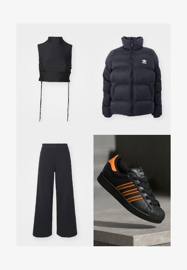 Marineblå pufferjakke med høy krage, glidelås og hvit Adidas-logo på brystet. Har sømmerte paneler og en glatt, blank tekstur.; Svart ermeløs crop top med høy hals, rynkede sider og justerbare snorer. Glatt stoff med en diskret logo foran.; Svart bukse med vid benvidde laget av myk stoff, med elastisk midjebånd og en liten logo på venstre side.; Svart sneaker med oransje detaljer, tre horisontale striper, teksturert skinnoverdel, gummitå, og svarte lisser.