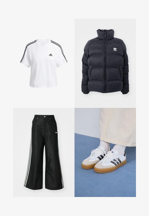 Mornarska puffer jakna s visokim ovratnikom, zatvaranjem na zip i bijelim Adidas logotipom na prsima. Ima šivane panele i glatku, sjajnu teksturu.; adidas Sportswear ESSENTIALS 3 STRIPES SINGLE CROPPED - Majica kratkih rukava s printom - medium grey heather white; Crne široke traper hlače s tri bijele pruge sa svake strane i malim bijelim logom. Ima prednje džepove i preklop s gumbom.; Bjele tenisice s crnim prugama i bež suknjom. Imaju teksturiranu gumu potplat i ravne bijele vezice, nošene uz svijetle čarape.