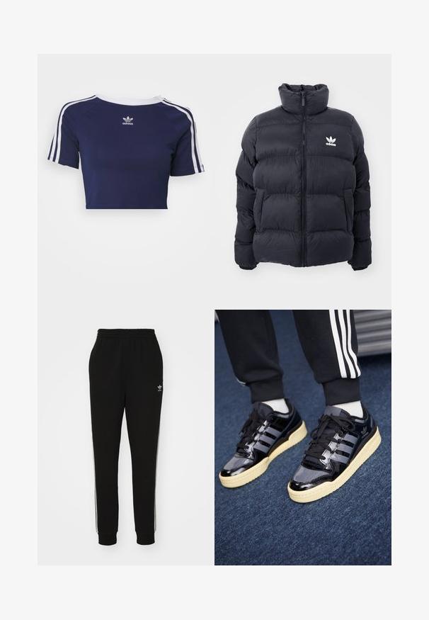Ναυτικό πούφφερ μπουφάν με ψηλό γιακά, φερμουάρ και λευκό λογότυπο Adidas στο στήθος. Διαθέτει ραμμένα πάνελ και ομαλή, γυαλιστερή υφή.; adidas Originals 3-STRIPES BABY - Μπλουζάκι με στάμπα - dark blue; Μαύρο φόρεμα παντελόνι με ελαστική μέση, στενή εφαρμογή, με λευκές ρίγες στο πλάι και μικρό λογότυπο στο αριστερό μηρό. Μαλακό, υφασμάτινο υλικό.; Μαύρα παπούτσια από γυαλιστερό δέρμα με τρεις ρίγες, καουτσούκ σόλα και κρεμ από κάτω σόλα. Διαθέτει επίπεδα κορδόνια και λεία γυαλιστερή επιφάνεια.