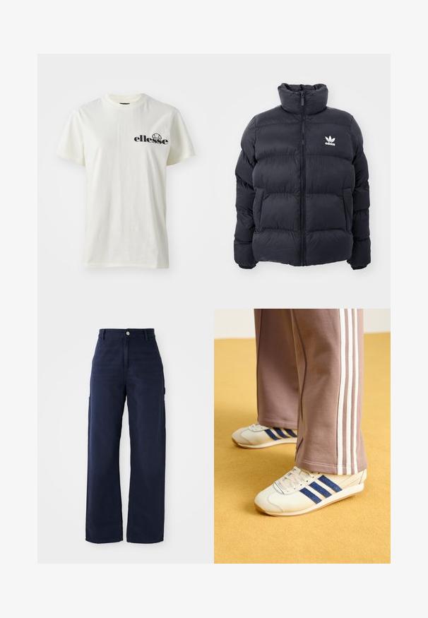 Navy puffer jacket with high collar, zip closure, and white Adidas logo on the chest. Features stitched panels and a smooth, shiny texture.; White cotton t-shirt with a round neck and short sleeves, featuring a black "ellesse" logo on the left side. Soft texture, relaxed fit.; Navy blue wide-leg cargo pants with a sturdy cotton fabric, featuring side pockets and a button closure at the waist.; Cream sneakers with blue suede stripes, white laces, and a rubber sole. Paired with gray sweatpants featuring white side stripes.