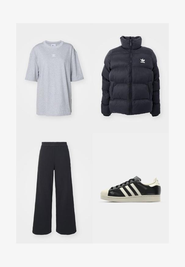 Mornarska puffer jakna s visokim ovratnikom, zatvaranjem na zip i bijelim Adidas logotipom na prsima. Ima šivane panele i glatku, sjajnu teksturu.; Siva pamučna majica s kratkim rukavima, prevelikog kroja, s rebrastim okovratnikom i bijelim Adidas logom otisnutim na prsima.; Crne široke sweatpants hlače napravljene od mekog materijala, s elastičnim strukom i malim logotipom s lijeve strane.; Crni kožni tenisice s bijelim prugama, gumeni zaštitni vrh, crne vezice i bijela potplata boje krem. Glatka tekstura s sjajnim završetkom.