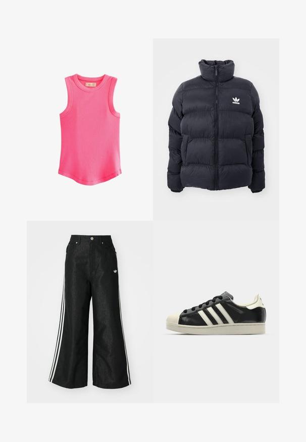 Jūrinės spalvos pūkinė striukė su aukštu apykakle, užtrauktuku ir baltu Adidas logotipu ant krūtinės. Yra siūti šoniniai panelei ir lygus, blizgus paviršius.; Next RACER STANDARD - Viršus - fluro pink; Juodos plačios džinsinės kelnės su trimis baltais juostelėmis kiekvienoje pusėje ir mažu baltu logotipu. Yra priekiniai kišenės ir sagčių užsegimas.; Juodi odiniai sportiniai bateliai su baltais dryžiais, guminis toe kapas, juodi raišteliai ir kreminis padas. Lygus pavirčius su blizgiu finišu.