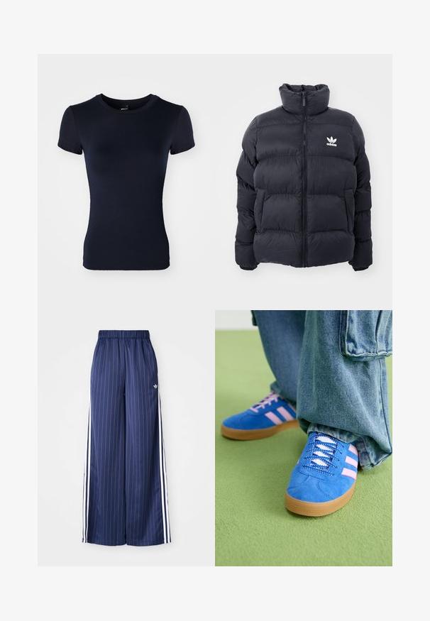 Chaqueta acolchada de color marino con cuello alto, cierre de cremallera y logo blanco de Adidas en el pecho. Presenta paneles cosidos y una textura suave y brillante.; Camiseta de manga corta azul marino hecha de una tela suave y elástica. Presenta un escote redondo y una silueta ajustada. Sin patrones ni detalles.; Pantalones de pierna ancha azul marino con rayas blancas verticales, cinturilla elástica y tres rayas blancas a lo largo de cada lado, fabricados con un material ligero.; Zapatos de gamuza azul con rayas rosas y cordones blancos, con una suela de goma, combinados con pantalones denim holgados sobre una superficie verde.