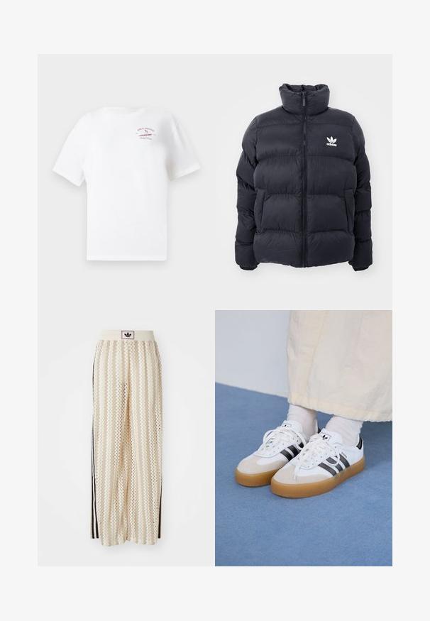 Casaco puffer azul marinho com gola alta, fecho de zip e logotipo branco da Adidas no peito. Apresenta painéis cosidos e uma textura suave e brilhante.; T-shirt branco de manga curta com um pequeno logótipo vermelho "Billabong Surf Club 1973" e uma ilustração de um surfista no lado superior esquerdo do peito.; Calças largas de cor creme com um padrão em zigzag, apresentando uma cintura com logotipo preto e riscas laterais pretas. Tecido leve e texturizado.; Ténis brancos com riscas pretas e detalhes em camurça bege. Apresentam uma sola de borracha texturizada e atacadores brancos lisos, usados com meias de tom claro.