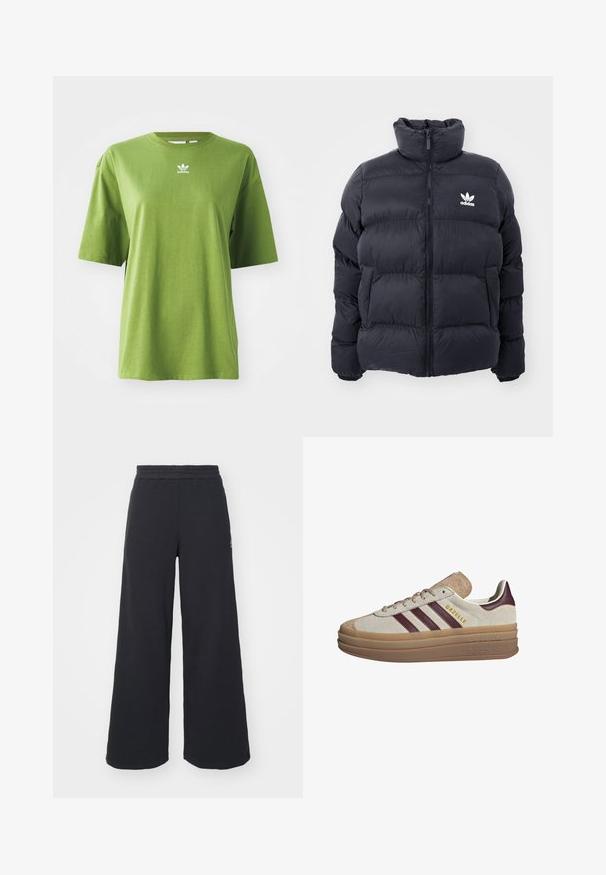 Tumesine puffer jope kõrge kraega, lukuga ja valge Adidas'i logoga rinnal. Omab õmmeldud paneele ja siledat, läikivat tekstuuri.; Roheline puuvillane T-särk lühikeste varrukatega, ümar kaelus ja valge Adidas logo rinnal. Sile tekstuur, mugav lõige.; Mustad laiad spordipüksid, mis on valmistatud pehmest kangast, elastse vöökohtaga ja väikese logoga vasakul küljel.; Beežidest suedesneakerid tumepunaste triipudega, valgete detailidega, paksu läbipaistva tallaga ja külgedel tõstetud brändinguga. Kinnitatav disain.