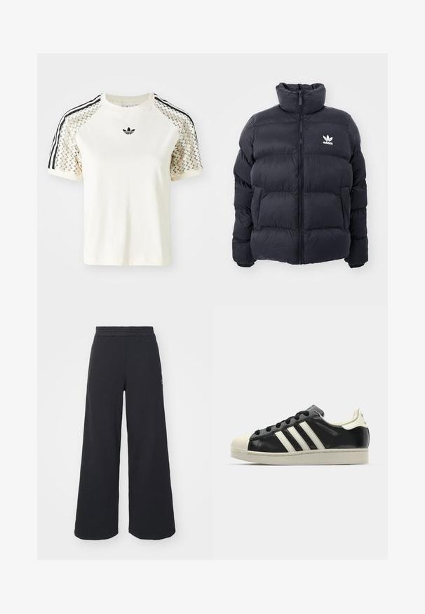 Jūrinės spalvos pūkinė striukė su aukštu apykakle, užtrauktuku ir baltu Adidas logotipu ant krūtinės. Yra siūti šoniniai panelei ir lygus, blizgus paviršius.; Kreminė trumpa rankovė marškinė su juodomis juostelėmis ant pečių, su tekstūruotu dizainu ir išsiuvinėtu logotipu ant krūtinės.; Juoda plačių kojų sportinė kelnė, pagaminta iš minkštos medžiagos, su elastinga juosmens juosta ir mažu logotipu kairėje pusėje.; Juodi odiniai sportiniai bateliai su baltais dryžiais, guminis toe kapas, juodi raišteliai ir kreminis padas. Lygus pavirčius su blizgiu finišu.