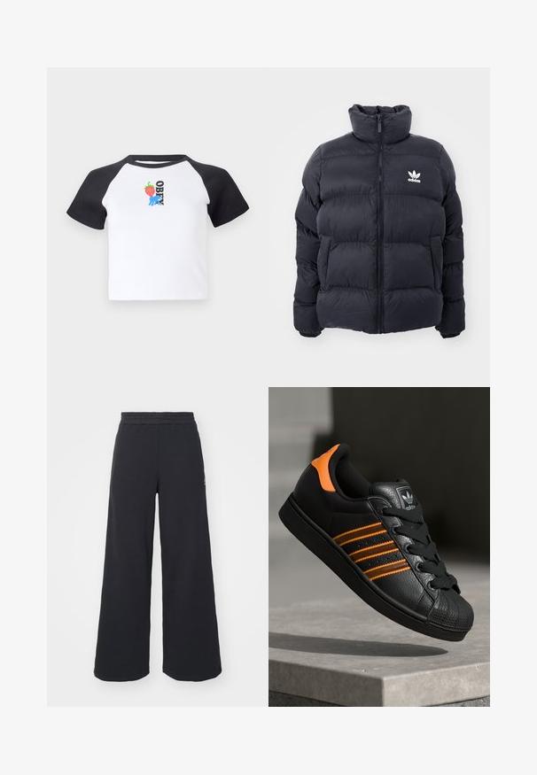 Marineblå pufferjakke med høy krage, glidelås og hvit Adidas-logo på brystet. Har sømmerte paneler og en glatt, blank tekstur.; Kortermet t-skjorte med hvit kropp og svarte raglan-ermer. Har et jordbær- og blå håndgrafikk samt "OBEY"-tekst i svart.; Svart bukse med vid benvidde laget av myk stoff, med elastisk midjebånd og en liten logo på venstre side.; Svart sneaker med oransje detaljer, tre horisontale striper, teksturert skinnoverdel, gummitå, og svarte lisser.