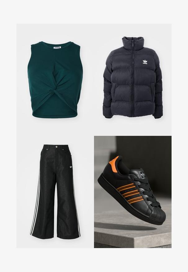 Casaco puffer azul marinho com gola alta, fecho de zip e logotipo branco da Adidas no peito. Apresenta painéis cosidos e uma textura suave e brilhante.; Noisy May NMTWIGGI - Top - ponderosa pine; Calças de denim largas pretas com três riscas brancas em cada lado e um pequeno logótipo branco. Apresenta bolsos frontais e um fecho de botão.; Sapatilha preta com detalhes laranja, três riscas horizontais, parte superior em couro texturizado, bico de borracha e atacadores pretos.