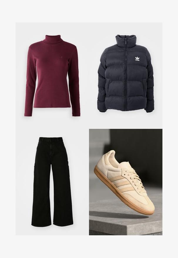 Doudoune marine avec col haut, fermeture éclair et logo Adidas blanc sur la poitrine. Présente des panneaux cousus et une texture lisse et brillante.; Pull à col roulé long bordeaux en tissu côtelé, avec un design ajusté et un petit logo brodé à l'avant.; Pantalons cargo larges noirs en denim, avec taille haute, fermeture à bouton sur le devant et poches latérales. Texture lisse avec des coutures minimales.; Sneaker en suède beige clair avec semelle en gomme, trois rayures diagonales et un capuchon de pied texturé. Logo sur la languette et sur le côté.