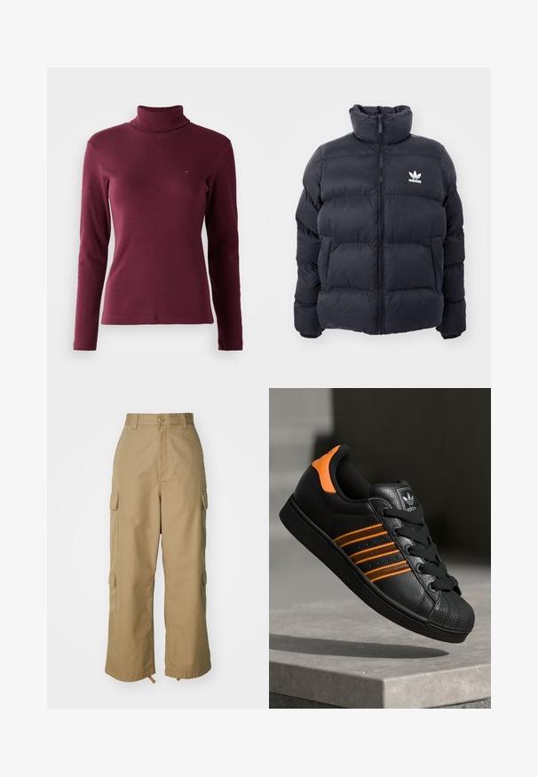 Marineblå pufferjakke med høy krage, glidelås og hvit Adidas-logo på brystet. Har sømmerte paneler og en glatt, blank tekstur.; Burgunderfarget langermet genser med høy hals laget av ribbestrikket stoff, har en tettsittende design og en liten logo brodert foran.; Beige cargo bukser med høj talje, brede ben og fire store sidelommer. Fremstillet af slidstærkt stof med en glat tekstur og minimal detalje.; Svart sneaker med oransje detaljer, tre horisontale striper, teksturert skinnoverdel, gummitå, og svarte lisser.