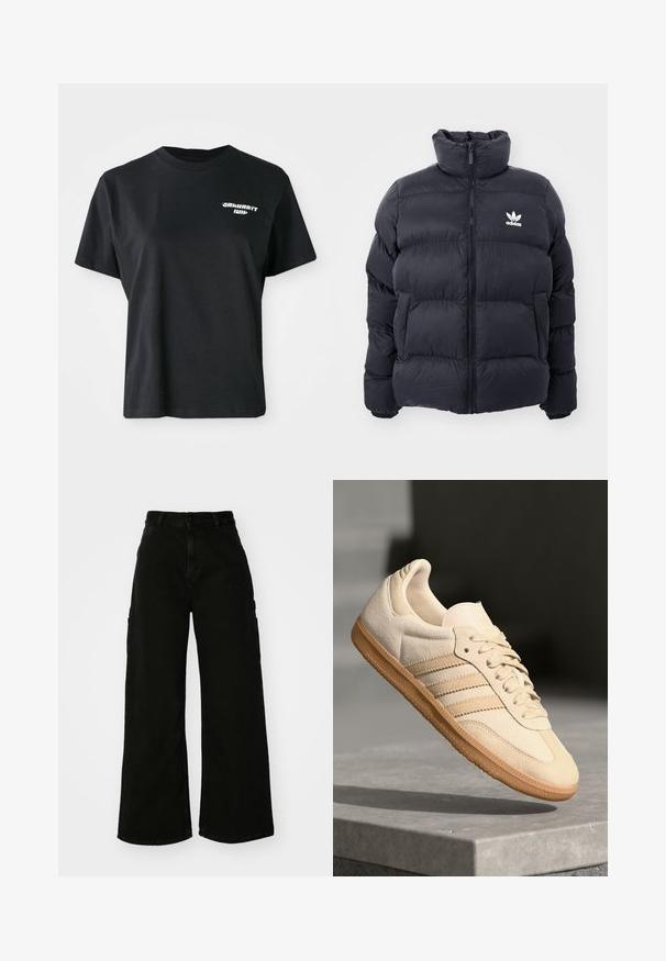 Mornarska puhovka z visokim ovratnikom, zadrgo in belim logotipom Adidas na prsih. Ima šivane panele in gladko, sijočo teksturo.; Črna bombažna majica s krožnim ovratnikom in kratkimi rokavi. Ima bel grafični logotip na levi strani prsi.; Črne široke hlače cargo iz denima, z visokim pasom, sprednjim gumbom in stranskimi žepi. Gladka tekstura z minimalnim šivanjem.; Svetlo bež semišni športni copat z gumijastim podplatom, trije poševni trakovi in teksturiran zaščitni del. Vsebuje logotip na ježku in strani.