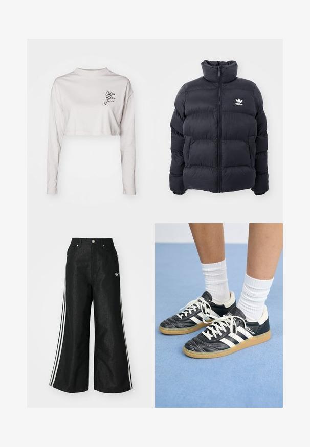 Mornarska puhovka z visokim ovratnikom, zadrgo in belim logotipom Adidas na prsih. Ima šivane panele in gladko, sijočo teksturo.; Kratka majica s dugim rukavima v svetlo sivi bombaž, ki ima visoko ovratnik in črni logotip "Calvin Klein Jeans" na levem prsnem delu.; Črne široke jeans hlače z dvema belima črtama na vsaki strani in majhnim belim logotipom. Imajo sprednje žepke in zapiranje na gumb.; Črne usnjene superge z belimi črtami, okroglo konico, belimi vezalkami in gumijastim podplatom. Poudarjene z oblazinjenim ovratnikom in detajli blagovne znamke.