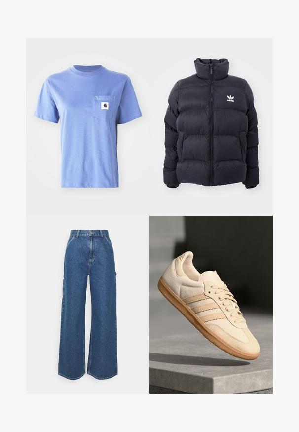 Jachetă puffer bleumarin cu guler înalt, închidere cu fermoar și logo Adidas alb pe piept. Se remarcă prin panouri cusute și o textură netedă, lucioasă.; Tricou din bumbac de culoare albastru deschis, cu guler rotund, mâneci scurte, un buzunar pe piept și un mic patch cu logo pe buzunar.; Pantaloni din denim albastru cu talie înaltă și picioare largi, cu o cusătură contrastantă și buzunare laterale, având un design clasic cu cinci buzunare și margini brut.; Sneaker din suède bej deschis, cu talpă din cauciuc, trei dungi diagonale și o capacă texturată pentru degete. Prezintă logo pe limbă și pe lateral.