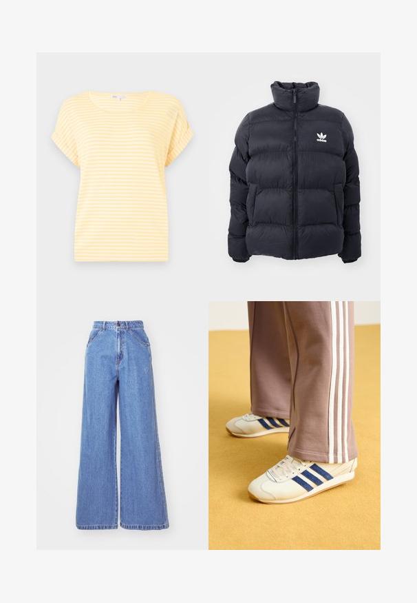 Mornarska puhovka z visokim ovratnikom, zadrgo in belim logotipom Adidas na prsih. Ima šivane panele in gladko, sijočo teksturo.; Rumena majica s kratkimi rokavi z belimi vodoravnimi črtami. Ima okroglo ovratnico in zvite manšete. Narejena je iz lahkotnega materiala.; adidas Originals Ravne kavbojke - light denim; Kremni športni copati z modrimi usnjenimi črtami, belimi vezalkami in gumijastim podplatom. V kombinaciji s sivimi trenirkami z belimi stranskimi črtami.