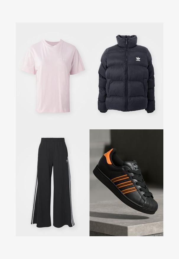 Marinblå pufferjacka med hög krage, dragkedjestängning och vitt Adidas-logotyp på bröstet. Har sydda paneler och en slät, glansig yta.; Ljusrosa bomullströja med rund halsringning, korta ärmar och en subtil logo tryckt i vitt på vänster bröst.; Svarta vida sweatpants med elastisk midje, med vita sidosträck och en broderad logotyp på vänster lår.; Svart sneakers med orange detaljer, tre horisontella ränder, texturerad läderöverdel, gummitåhuvud och svarta snören.