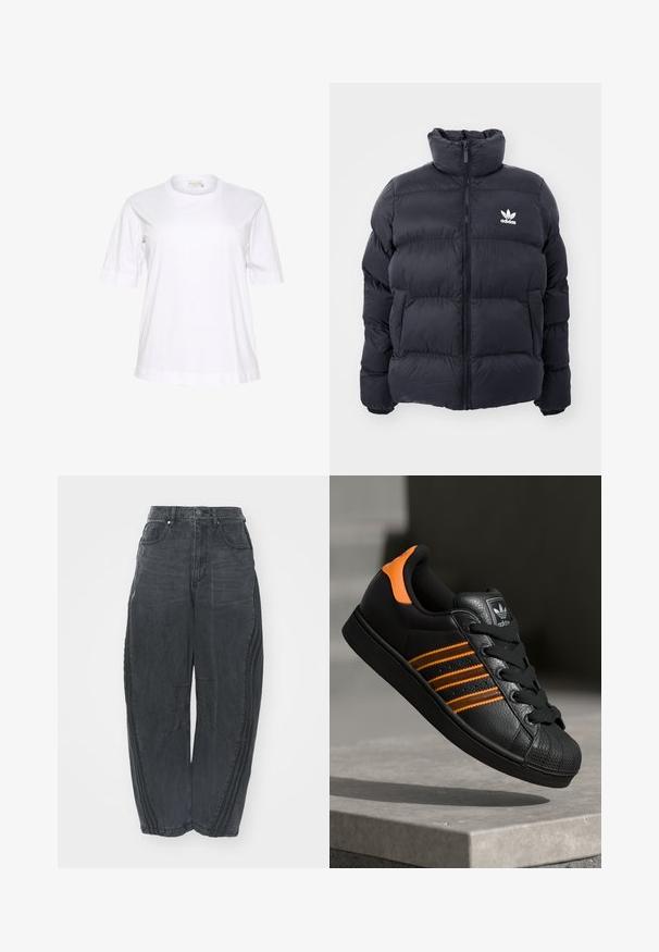 Morská prešívaná bunda s vysokým golierom, zipsom a bielym logom Adidas na hrudi. Obsahuje prešívané panely a hladkú, lesklú textúru.; Biele krátke rukávy bavlnené tričko s okrúhlym výstrihom, voľným strihom a zrolovanými manžetami. Hladká textúra a minimalistický dizajn.; Voľné čierne denimové džínsy so zosušeným povrchom, piatimi vreckami, zapínaním na gombík v páse a prešívaním na prednej strane a po stranách.; Čierne tenisky s oranžovými akcentami, tromi horizontálnymi pruhmi, textúrovaným koženým zvrškom, gumovým ochranným vankúšikom na prstoch a čiernymi šnúrkami.