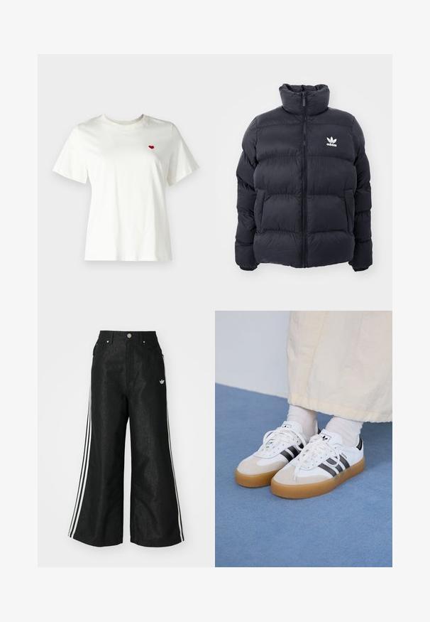 Marinblå puffjakke med høj krave, lynlås lukning og hvid Adidas-logo på brystet. Har syede paneler og en glat, blank overflade.; Hvid bomuld t-shirt med korte ærmer og rund hals, med et lille rødt hjerte broderet på venstre brystområde.; Sorte vide denim bukser med tre hvide striber på hver side og et lille hvidt logo. Indeholder forlommer og en knaplukning.; Hvide sneakers med sorte striber og beige ruskindsdetaljer. Har en tekstureret gummisål og flade hvide snørebånd, båret med lyse sokker.