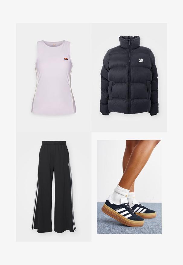 Marineblå pufferjakke med høy krage, glidelås og hvit Adidas-logo på brystet. Har sømmerte paneler og en glatt, blank tekstur.; Lilla ermeløs treningsgenser med rund hals, med kontrasterende gul søm og en liten logo på brystet.; Svart vide joggebukser med elastisk midjebånd, med hvite sidestriper og brodert logo på venstre lår.; Svarte sneakers i semsket skinn med hvite striper og detaljer, rund tå, yttersåle i gummigummi, kombinert med hvite ribbestrikkede crew-sokker.