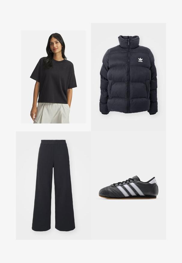 Navy puffer jacket with high collar, zip closure, and white Adidas logo on the chest. Features stitched panels and a smooth, shiny texture.; Woman with long dark hair wearing a loose black short-sleeve T-shirt and light beige high-waisted pants, standing with one hand in pocket.; Black wide-leg sweatpants made from soft fabric, featuring an elastic waistband and a small logo on the left side.; Black leather sports shoe with white stripes, round toe, flat sole, and lace closure. Features perforations for breathability.