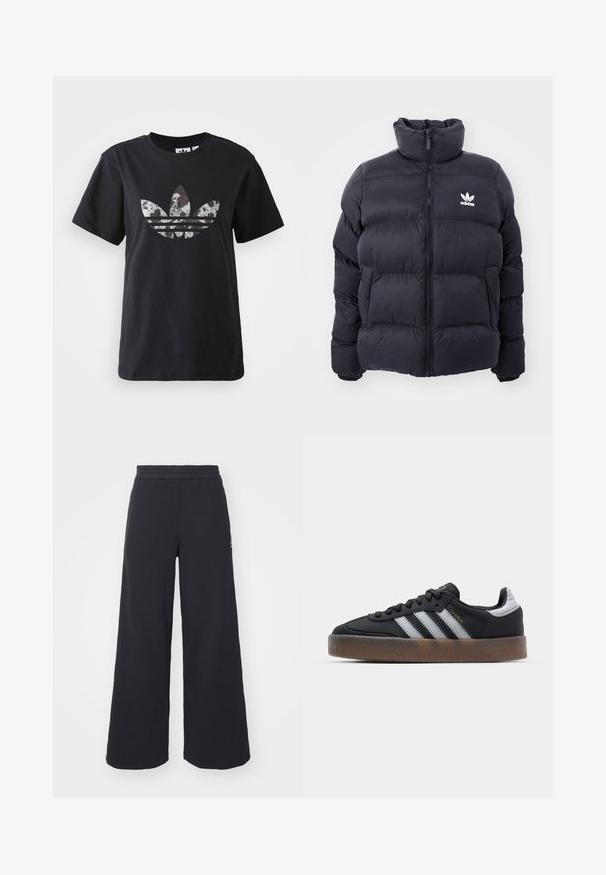 Jūras zils pūkains jaka ar augstu apkakli, rāvējslēdzēja aizdari un balto Adidas logo uz krūtīm. Iekļauj izšūtas paneļus un gludu, spīdīgu tekstūru.; Melna kokvilnas T-kreklā ar īsām piedurknēm, kas rotāta ar lielu sudrabu un brūnu Adidas loga un trīs svītru grafiku priekšpusē.; Melni platās svārku bikses, izgatavotas no mīksta auduma, ar elastīgu jostas daļu un mazu logotipu kreisajā pusē.; Melni sporta apavi ar elegantu dizainu, kas izdaiļoti ar trim baltām svītrām, melnu mēli un teksturētu brūnu gumijas zoli. Akcenti ar zelta burtiem.