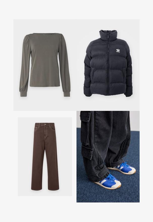 Marinblå pufferjacka med hög krage, dragkedjestängning och vitt Adidas-logotyp på bröstet. Har sydda paneler och en slät, glansig yta.; Långärmad topp i olivgrön med fyrkantig halsringning, rynkade axlar och åtsittande ärmslut i ett mjukt, elastiskt material.; Bruna vida jeans med kontrasterande sömmar, fem fickor och metalldragknapp. Slät textur, rak skärning.; Person som bär lösa svarta cargobyxor och blåa och vita sneakers stående på en mörkblå matta.