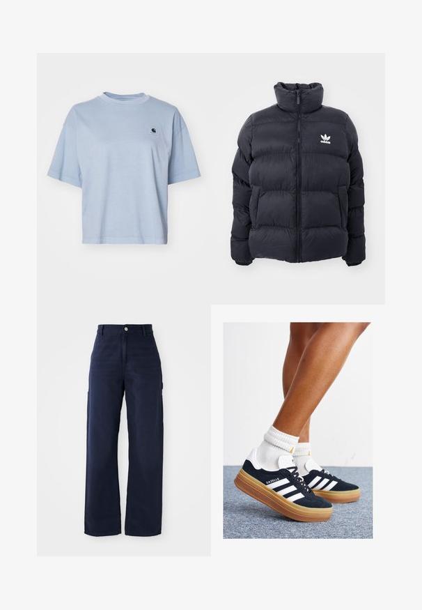 Giacca puffer blu navy con colletto alto, chiusura con zip e logo Adidas bianco sul petto. Presenta pannelli cuciti e una texture liscia e lucida.; Carhartt WIP NELSON - T-shirt basic - dusty ice; Pantaloni cargo a gamba larga blu navy in un robusto tessuto di cotone, con tasche laterali e chiusura con bottone in vita.; Sneakers in pelle scamosciata nera con strisce e dettagli bianchi, punta arrotondata, suola in gomma color gomme, abbinate a calzini bianchi a coste alla caviglia.