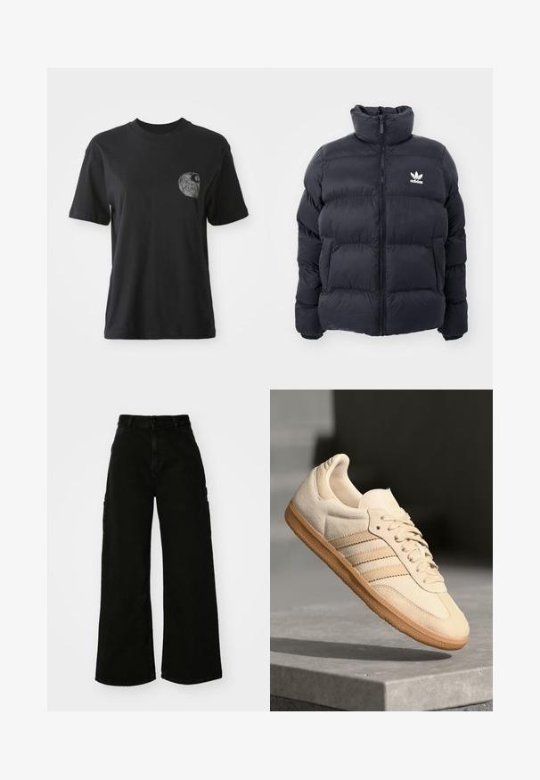 Mornarska puhovka z visokim ovratnikom, zadrgo in belim logotipom Adidas na prsih. Ima šivane panele in gladko, sijočo teksturo.; Črn bombažni T-maica s krožnim izrezom in kratkimi rokavi, ki se ponaša z teksturirano grafiko spirale na levem predelu žepa.; Črne široke hlače cargo iz denima, z visokim pasom, sprednjim gumbom in stranskimi žepi. Gladka tekstura z minimalnim šivanjem.; Svetlo bež semišni športni copat z gumijastim podplatom, trije poševni trakovi in teksturiran zaščitni del. Vsebuje logotip na ježku in strani.