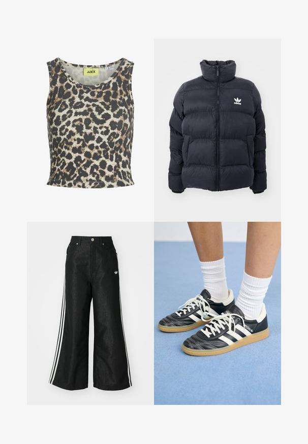 Jūras zils pūkains jaka ar augstu apkakli, rāvējslēdzēja aizdari un balto Adidas logo uz krūtīm. Iekļauj izšūtas paneļus un gludu, spīdīgu tekstūru.; Lauvu raksta tvertne ar ribotu audumu, ar apaļu kakla izgriezumu un bez piedurknēm. Krāsu palete ietver bēšus, brūnus un melnus toņus.; Melni platās kājas džinsi ar trim baltām svītrām katrā pusē un mazu baltu logotipu. Iezīmē priekšējos kabatas un pogu aizdari.; Melnas ādas sporta apavus ar baltām svītrām, apaļu purngalu, baltām auklām un gumijas zoli. Izceļas ar mīksto apkakli un zīmola detaļām.