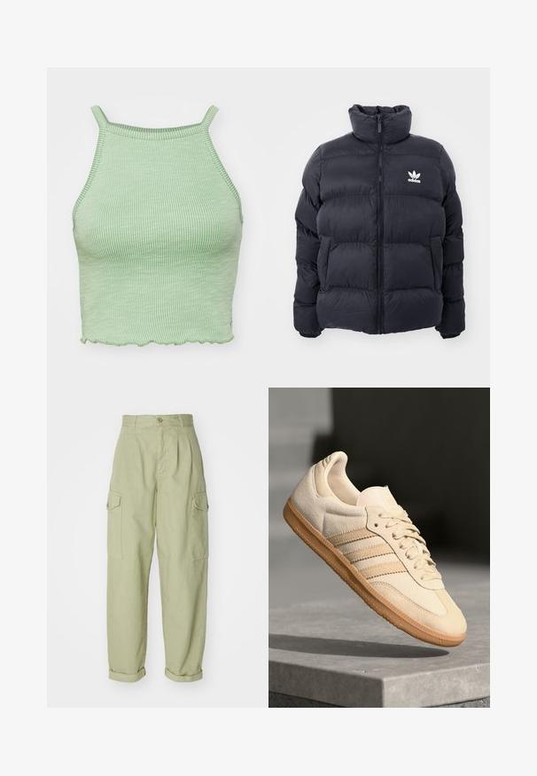 Marineblå pufferjakke med høy krage, glidelås og hvit Adidas-logo på brystet. Har sømmerte paneler og en glatt, blank tekstur.; Grønn ribbestrikket crop top med tynne stropper, med en scalloped kant og et teksturert stoff. Ingen fremtredende detaljer eller mønstre.; Lysegrønne cargo-bukser lavet af bomuldsstof. Har høj talje, opkrøllede nederste kanter og to sidelommer tilføjet for ekstra funktionalitet.; Lys beige suedette sneakers med gummisåle, tre diagonale striper og en teksturert tåhette. Har logo på tungen og siden.