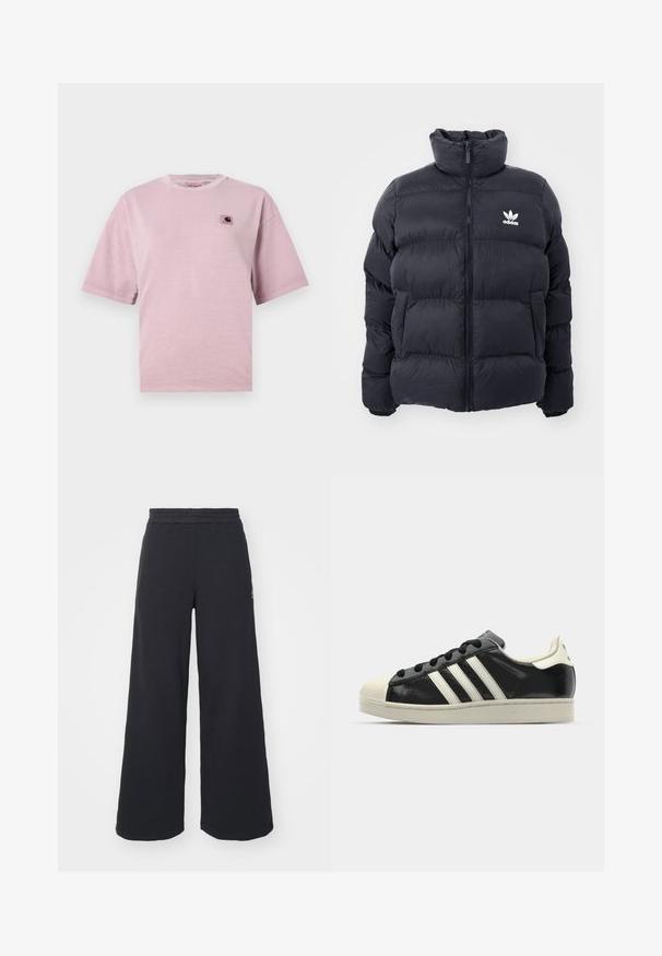 Marineblå pufferjakke med høy krage, glidelås og hvit Adidas-logo på brystet. Har sømmerte paneler og en glatt, blank tekstur.; Lys rosa t-skjorte med korte ermer laget av mykt stoff, med en liten firkantet logo på venstre brystområde og rund halsdesign.; Svart bukse med vid benvidde laget av myk stoff, med elastisk midjebånd og en liten logo på venstre side.; Svarte skinnsneakers med hvite striper, gummitopp, svarte lisser og en kremfarget såle. Glatt tekstur med blank finish.