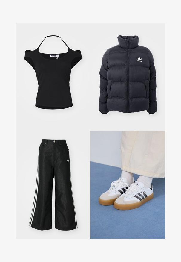 Marineblå pufferjakke med høy krage, glidelås og hvit Adidas-logo på brystet. Har sømmerte paneler og en glatt, blank tekstur.; Svart kortermet topp med avdekket skuldre, laget av et glatt, stretchy stoff. Har en bred halslinje og en subtilt buet nederkant.; Sorte vide benbukser med tre hvite striper på hver side og en liten hvit logo. Har frontlommer og knappelukking.; Hvite sneakers med svarte striper og beige semsket skinn-detaljer. Har en teksturert gummisåle og flate hvite snører, brukt med lyse sokker.