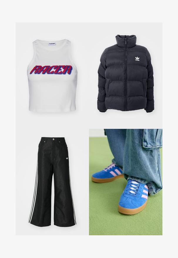 Mornarska puffer jakna s visokim ovratnikom, zatvaranjem na zip i bijelim Adidas logotipom na prsima. Ima šivane panele i glatku, sjajnu teksturu.; Bijela rebrasta kratka majica bez rukava s omljebom "RACER" u podebljanim crvenim i plavim slovima na prednjoj strani.; Crne široke traper hlače s tri bijele pruge sa svake strane i malim bijelim logom. Ima prednje džepove i preklop s gumbom.; Plave zamšne cipele s ružičastim prugama i bijelim vezicama, s gumenim potplatom, u kombinaciji s širokim trapericama na zelenoj podlozi.