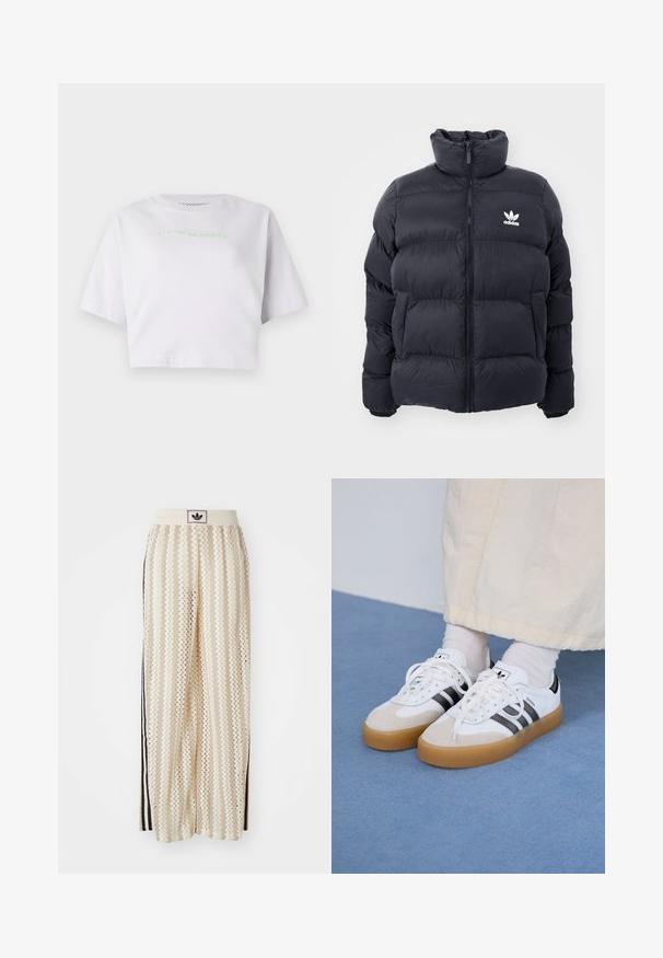 Marineblå pufferjakke med høy krage, glidelås og hvit Adidas-logo på brystet. Har sømmerte paneler og en glatt, blank tekstur.; Beskåret hvit T-skjorte laget av bomull, med korte ermer og grønn brodert tekst som sier "venter på solnedgangen."; Kremfargede bukser med brede ben og zigzag-mønster, med en svart logo-linning og svarte striper på siden. Lett, teksturert stoff.; Hvite sneakers med svarte striper og beige semsket skinn-detaljer. Har en teksturert gummisåle og flate hvite snører, brukt med lyse sokker.