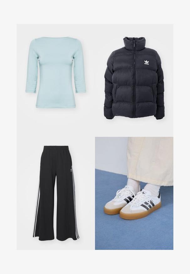 Mornarska puffer jakna s visokim ovratnikom, zatvaranjem na zip i bijelim Adidas logotipom na prsima. Ima šivane panele i glatku, sjajnu teksturu.; Svijetloplena košulja s 3/4 rukavima, izrađena od mekanog materijala. Ima okrugli izrez i prilagođeni kroj. Bešavna konstrukcija bez uzoraka.; Crne široke trenirke s elastičnim pojasom, s bijelim bočnim trakama i izvezenim logom na lijevom bedru.; Bjele tenisice s crnim prugama i bež suknjom. Imaju teksturiranu gumu potplat i ravne bijele vezice, nošene uz svijetle čarape.