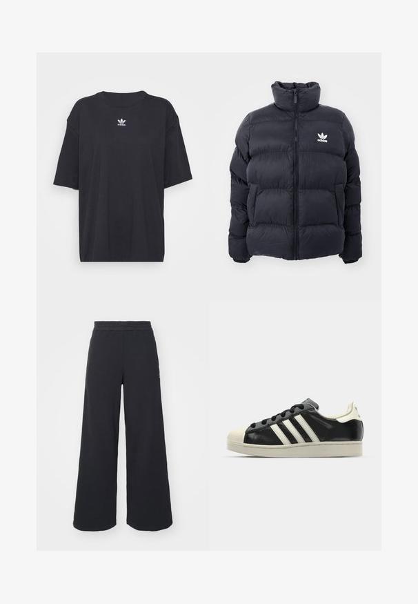 Granatowa kurtka puchowa z wysokim kołnierzem, z zamkiem błyskawicznym i białym logo Adidas na piersi. Posiada przeszywane panele oraz gładką, błyszczącą teksturę.; Czarna bawełniana koszulka z krótkim rękawem, okrągłym dekoltem, z białym logo Adidas na klatce piersiowej. Prosty design, luźny krój.; Czarne szerokie spodnie dresowe wykonane z miękkiego materiału, z elastycznym paskiem w talii oraz małym logo po lewej stronie.; Czarne skórzane trampki z białymi paskami, gumowym czubkiem, czarnymi sznurówkami i kremową podeszwą. Gładka faktura z połyskującym wykończeniem.