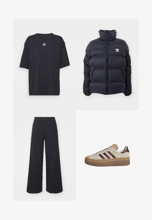 Casaco puffer azul marinho com gola alta, fecho de zip e logotipo branco da Adidas no peito. Apresenta painéis cosidos e uma textura suave e brilhante.; T-shirt de algodão preto com mangas curtas, decote arredondado, apresenta um logótipo branco da Adidas no peito. Design simples, ajuste descontraído.; Calças de fato largas, pretas, feitas de tecido macio, com uma cintura elástica e um pequeno logótipo do lado esquerdo.; Sapatilhas de camurça bege com riscas em bordô, detalhes brancos, uma sola translúcida grossa e marcação em relevo de um lado. Design com atacadores.