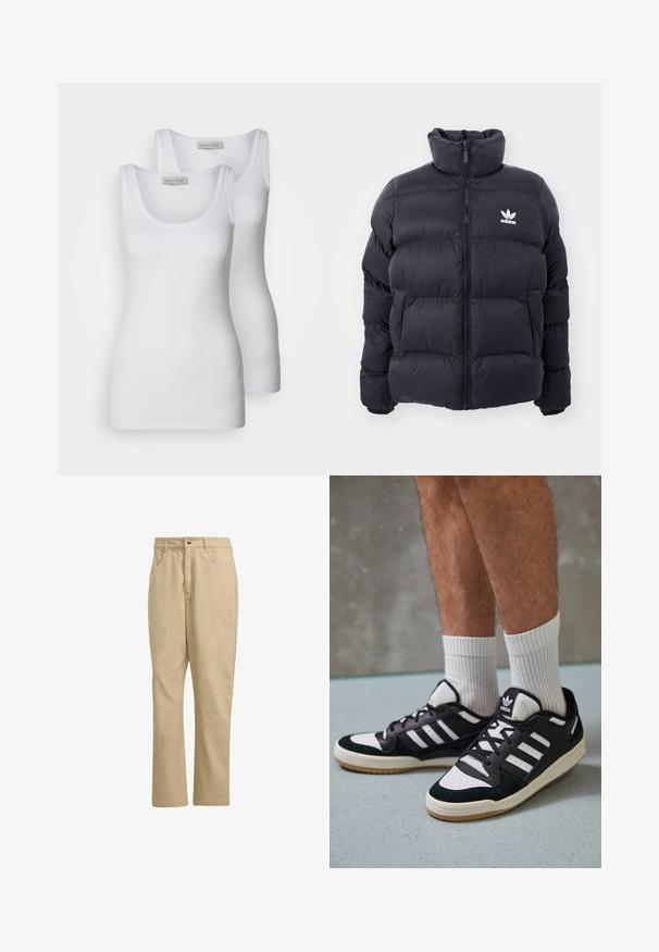 Marineblauwe pufferjack met hoge kraag, ritssluiting en wit Adidas-logo op de borst. Beschikt over gestikte panelen en een gladde, glanzende textuur.; Twee witte tanktops met een ronde halslijn, gemaakt van een gladde stof. Kenmerken zijn smalle bandjes en een aansluitend ontwerp.; Khaki katoenen broek met een rechte snit, voorzien van een sluiting met een voorknopf, twee zijzakken en minimale merkidentificatie aan de voorkant.; Zwart-witte sneakers met een bovenwerk van suede en leer, voorzien van drie witte strepen, een geperforeerde neus en een rubberen gumzool.