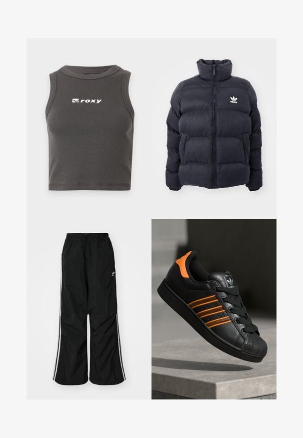 Morská prešívaná bunda s vysokým golierom, zipsom a bielym logom Adidas na hrudi. Obsahuje prešívané panely a hladkú, lesklú textúru.; Sivý rebrovaný krátky top s okrúhlym výstrihom a bezrukávovým dizajnom. Obsahuje biele logo "roxy" na prednej strane.; Čierne vetrovky nohavice s elastickým pásom, šnúrkou na stiahnutie, bielymi bočnými pruhmi, voľným strihom, s malým logom na ľavej strane.; Čierne tenisky s oranžovými akcentami, tromi horizontálnymi pruhmi, textúrovaným koženým zvrškom, gumovým ochranným vankúšikom na prstoch a čiernymi šnúrkami.