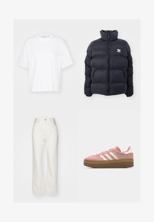 Marineblaues Puffer-Jackett mit hohem Kragen, Reißverschluss und weißem Adidas-Logo auf der Brust. Verfügt über gestickte Paneele und eine glatte, glänzende Textur.; Weißes Baumwoll-T-Shirt mit Rundhalsausschnitt, kurzen Ärmeln und lockerer Passform. Verfügt über ein dezentes Logo auf der linken Brustseite. Glatte Textur.; Weiße Denim-Hosen mit hoher Taille und weit geschnittenem Bein. Mit einem Knopf- und Reißverschluss, Gürtelschlaufen und dezenten Nähten.; adidas Originals GAZELLE BOLD - Sneaker low - mauve/off white
