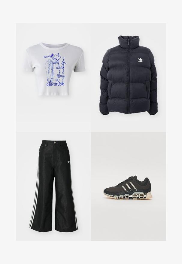 Mornarska puhovka z visokim ovratnikom, zadrgo in belim logotipom Adidas na prsih. Ima šivane panele in gladko, sijočo teksturo.; Bela žametasta kratka majica z modrim grafičnim tiskom klasične figure in besedilom, pri čemer je ime blagovne znamke "OBEY STUDIO" jasno prikazano.; Črne široke jeans hlače z dvema belima črtama na vsaki strani in majhnim belim logotipom. Imajo sprednje žepke in zapiranje na gumb.; Črne športne čevlje z teksturiranim zgornjim delom, tremi srebrnimi črtami in značilno blažilno podplatom, ki vključuje več integriranih delov.